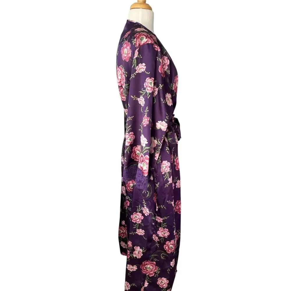Amoureuse Peignoir Purple Floral Robe Belted Lace Liquid Satin Lounge Medium